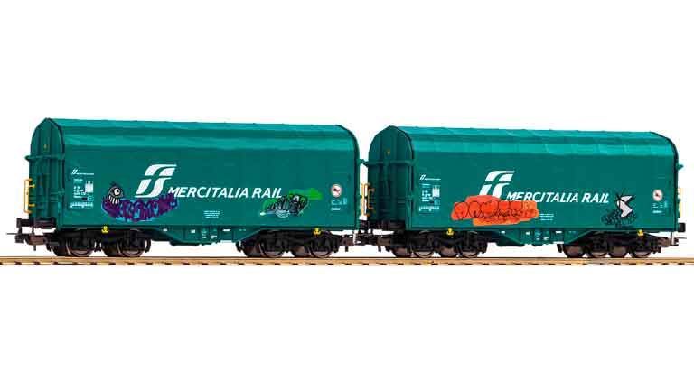 PIKO 58255 Платформы крытые брезентом Shimmns «MERCITALIA RAIL» с граффити (2 вагона), H0, VI, FS